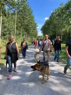 Balade éducative en groupe avec un éducateur canin, des propriétaires et leurs chiens dans un cadre naturel.
